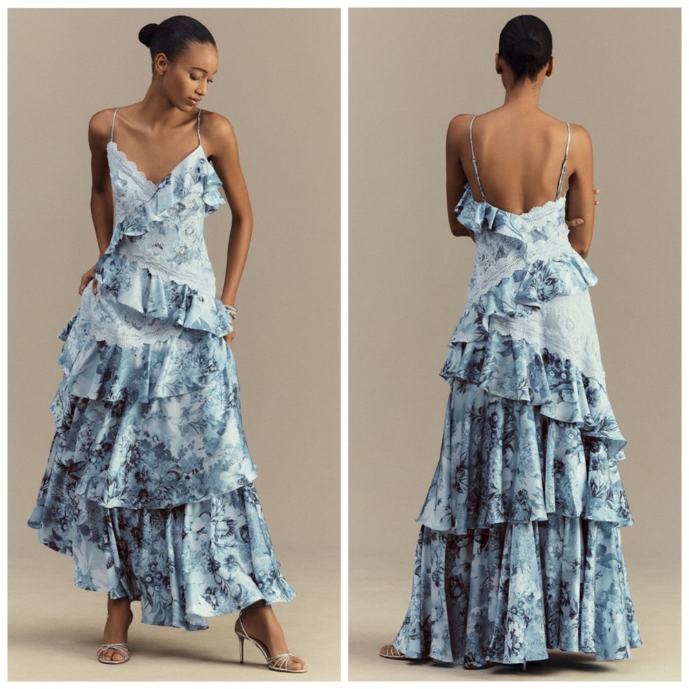 Anthropologie BHLDN Elora Sleeveless V Neck Ruffle Lace Floral Maxi Dress Sz 16